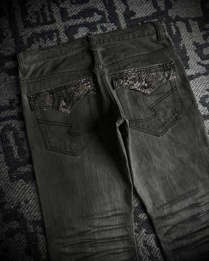 Semantic Design Snakeskin Black Whiskered Smoke Gray Flared Jeans
