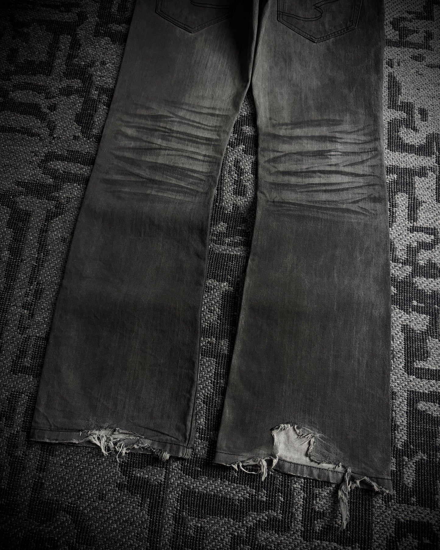 Semantic Design Snakeskin Black Whiskered Smoke Gray Flared Jeans