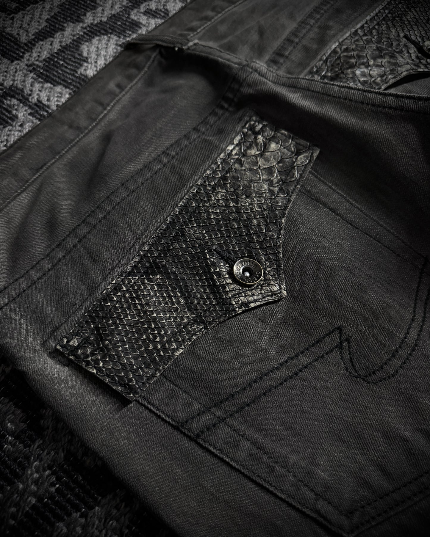Semantic Design Snakeskin Black Whiskered Smoke Gray Flared Jeans