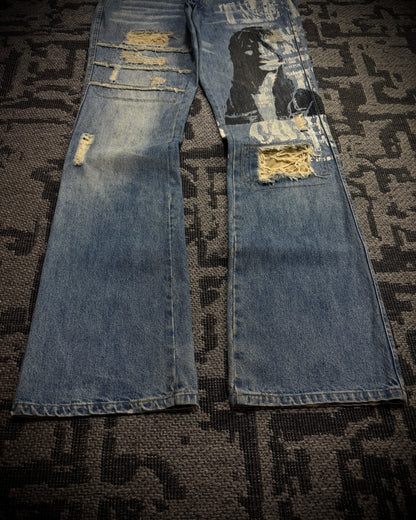 In The Attic Distressed Graphic Bootcut Jeans