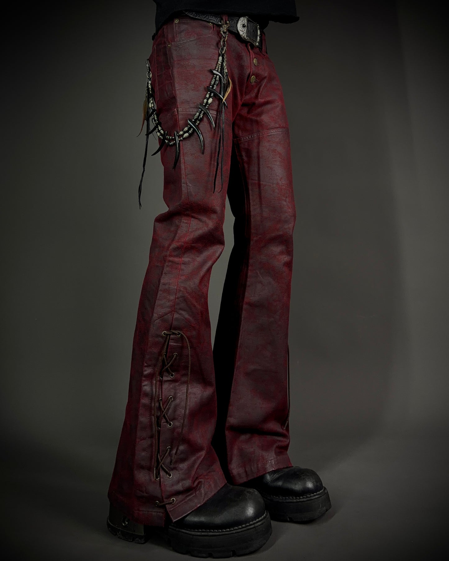 (for offer)Tornado Mart Coated Deep Red Flared Pants
