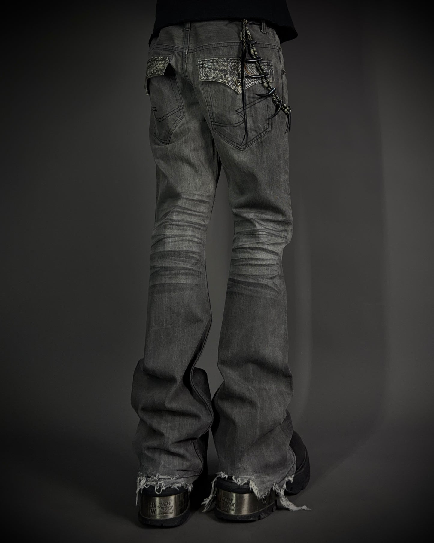 Semantic Design Snakeskin Black Whiskered Smoke Gray Flared Jeans