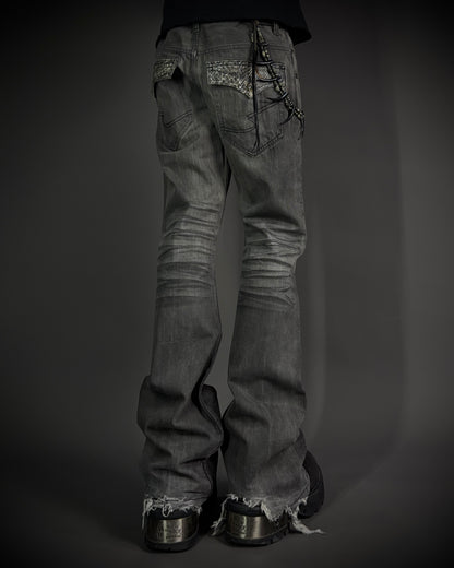 Semantic Design Snakeskin Black Whiskered Smoke Gray Flared Jeans