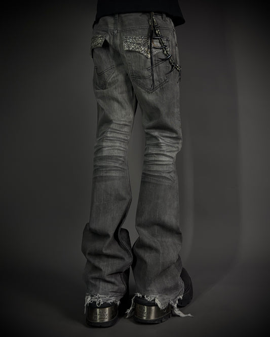Semantic Design Snakeskin Black Whiskered Smoke Gray Flared Jeans