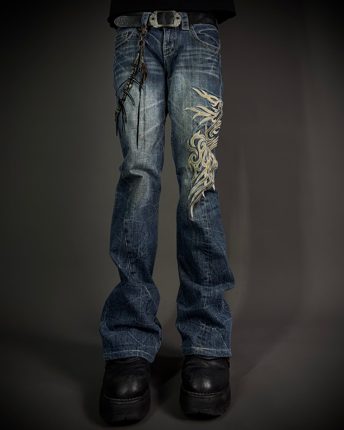 Tornado Mart Tribal Embroidery Spiral Flared Jeans