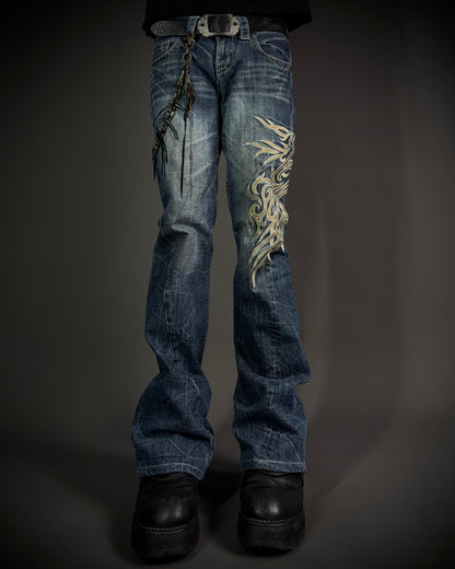 Tornado Mart Tribal Embroidery Spiral Flared Jeans