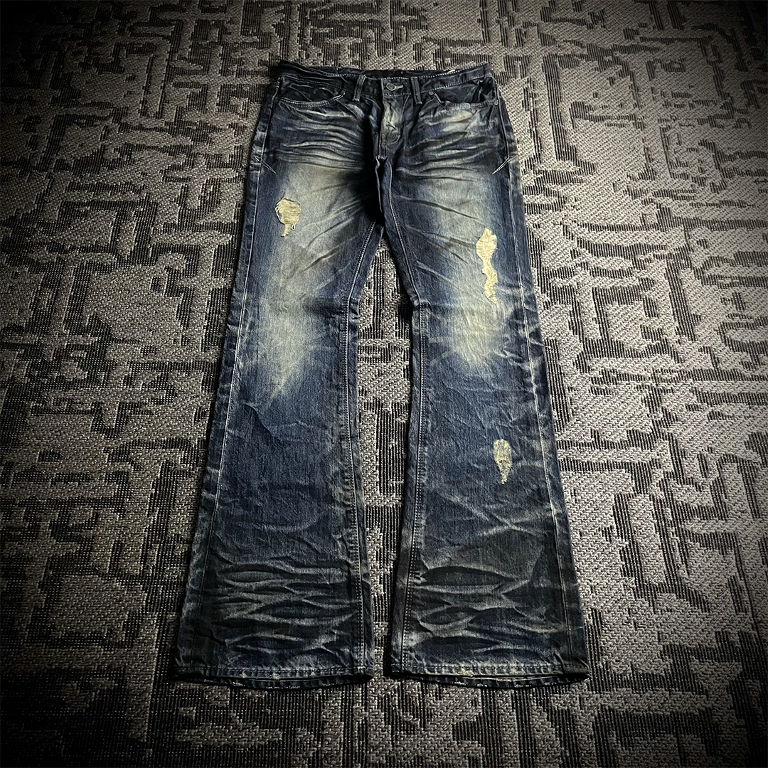 FUGA Whiskered Faded Distressed Flared Jeans