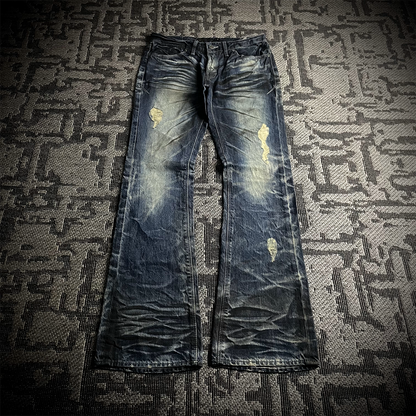 FUGA Whiskered Faded Distressed Flared Jeans