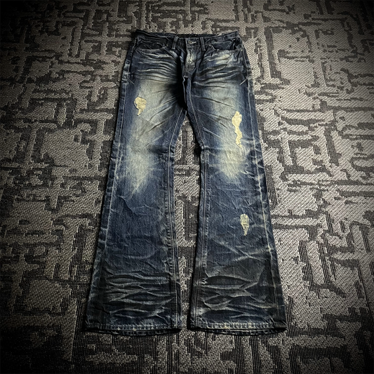 FUGA Whiskered Faded Distressed Flared Jeans