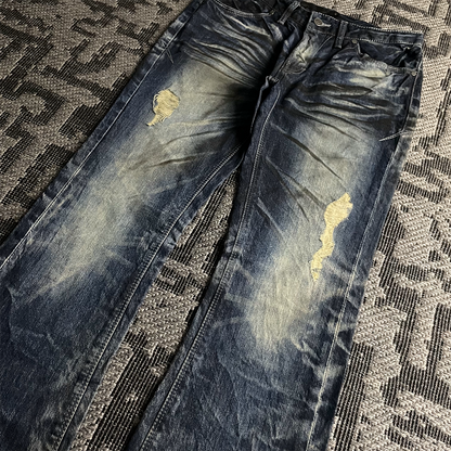 FUGA Whiskered Faded Distressed Flared Jeans
