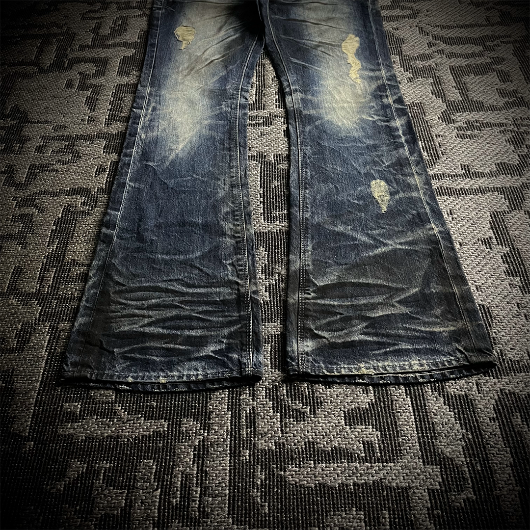 FUGA Whiskered Faded Distressed Flared Jeans