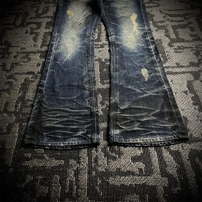 FUGA Whiskered Faded Distressed Flared Jeans