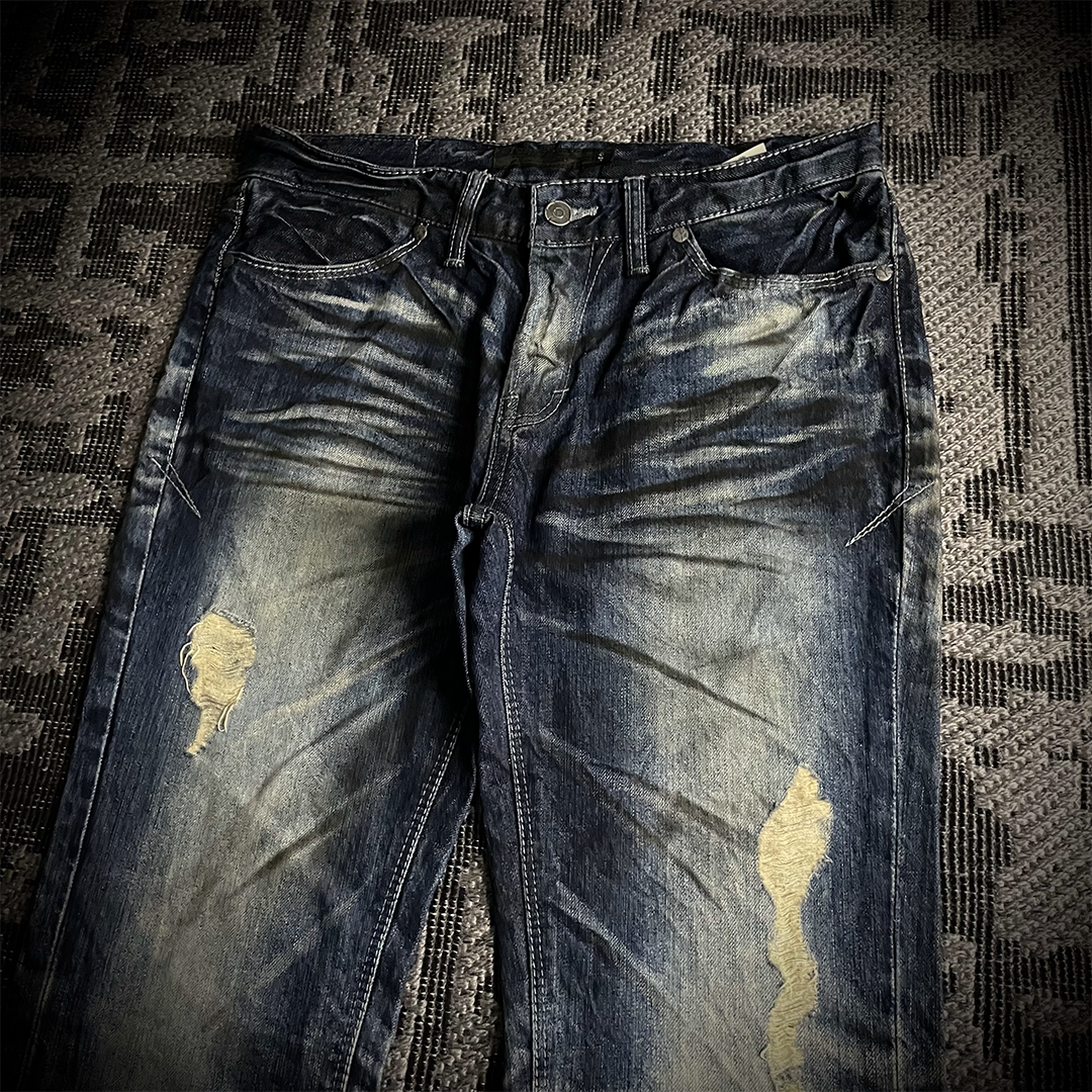 FUGA Whiskered Faded Distressed Flared Jeans