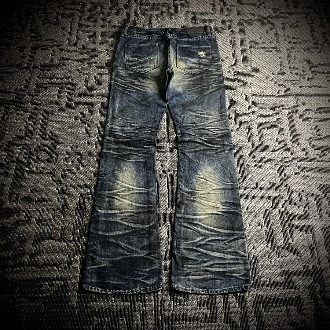 FUGA Whiskered Faded Distressed Flared Jeans
