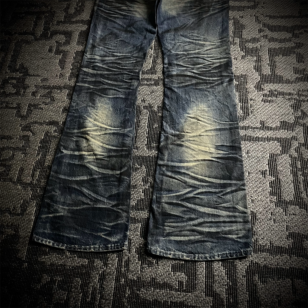 FUGA Whiskered Faded Distressed Flared Jeans