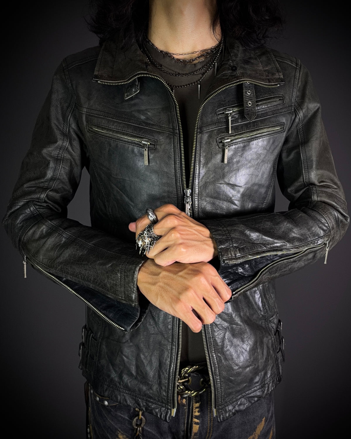 Atelier Sab Men Faded Buffalo Leather Biker Jacket