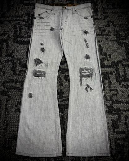 Obelisk 00s Grey-White Distressed Bootcut Denim