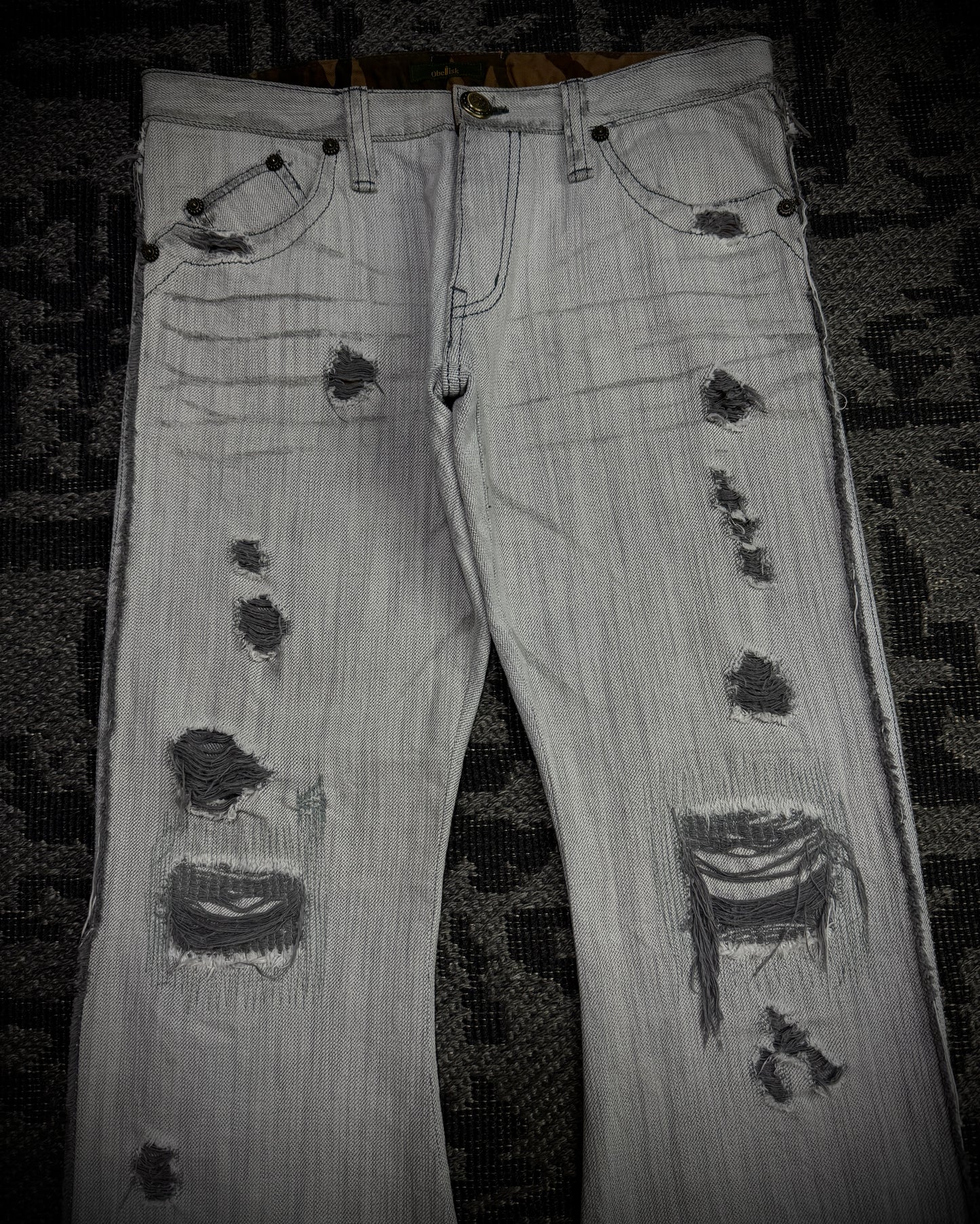 Obelisk 00s Grey-White Distressed Bootcut Denim