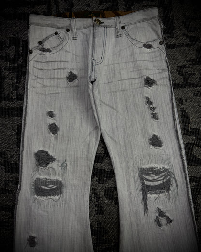 Obelisk 00s Grey-White Distressed Bootcut Denim