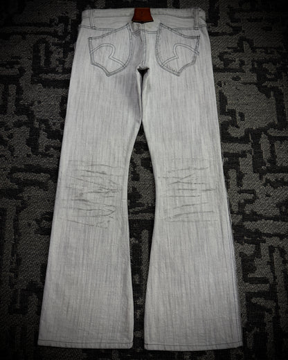 Obelisk 00s Grey-White Distressed Bootcut Denim