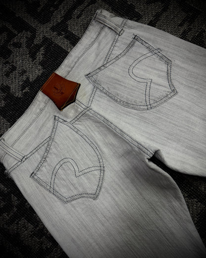 Obelisk 00s Grey-White Distressed Bootcut Denim