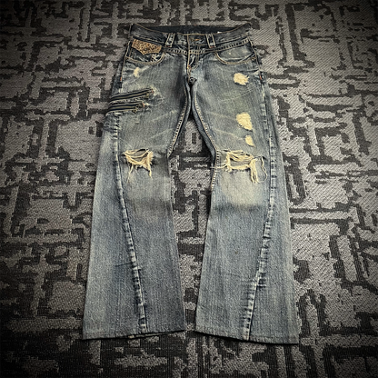 Semantic Design Snake Skin Distressed Flared Jeans