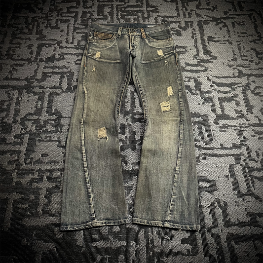 Semantic Design Snake Skin Distressed Flared Jeans