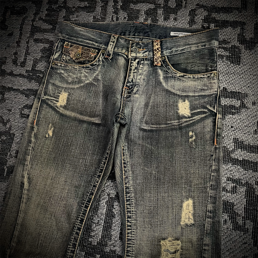 Semantic Design Snake Skin Distressed Flared Jeans