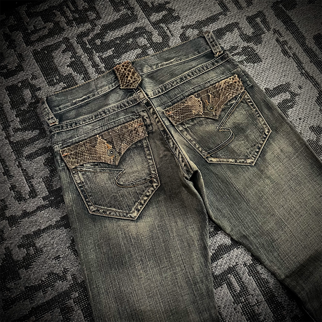 Semantic Design Snake Skin Distressed Flared Jeans