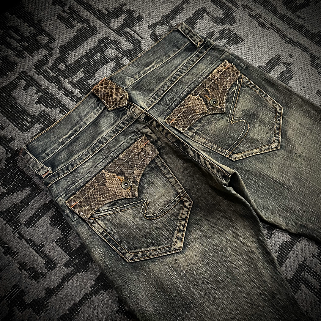 Semantic Design Snake Skin Distressed Flared Jeans