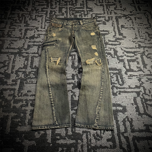 Semantic Design Snake Skin Distressed Flared Jeans