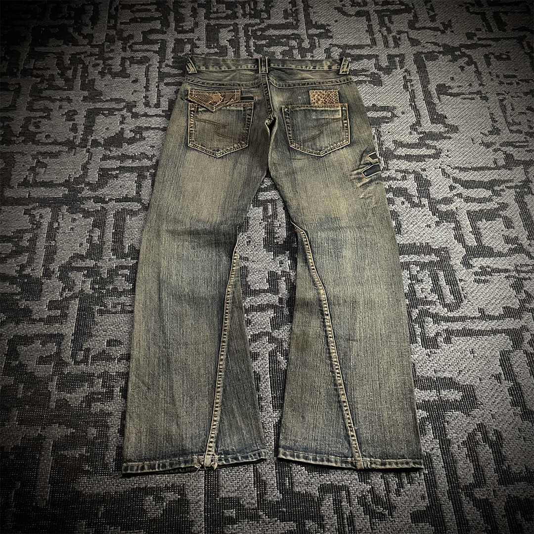 Semantic Design Snake Skin Distressed Flared Jeans