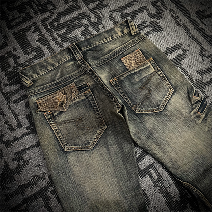 Semantic Design Snake Skin Distressed Flared Jeans