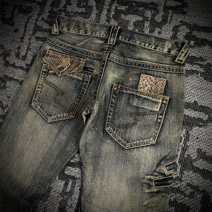 Semantic Design Snake Skin Distressed Flared Jeans