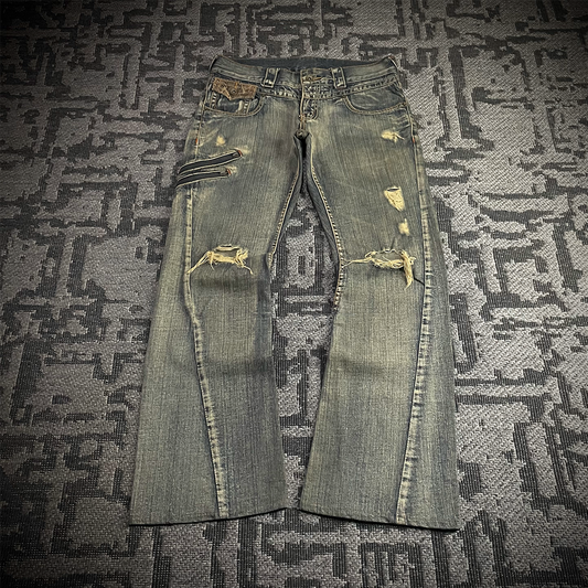 Semantic Design Snake Skin Distressed Flared Jeans