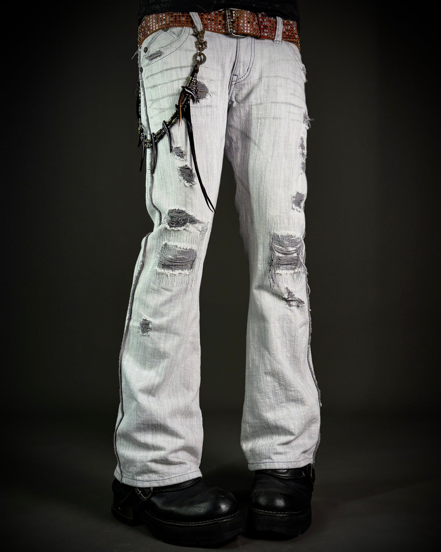 Obelisk 00s Grey-White Distressed Bootcut Denim