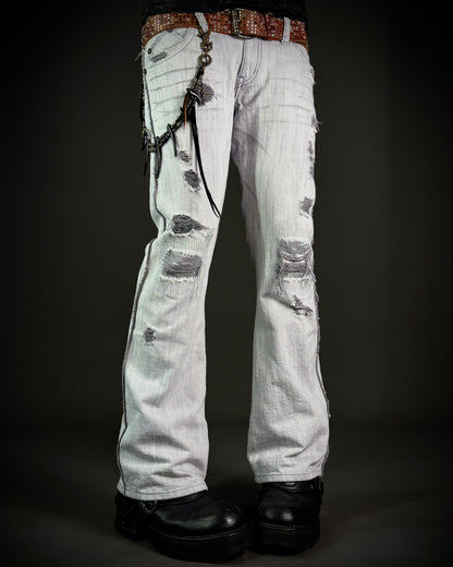 Obelisk 00s Grey-White Distressed Bootcut Denim