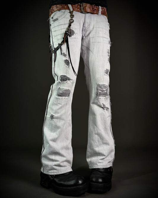 Obelisk 00s Grey-White Distressed Bootcut Denim