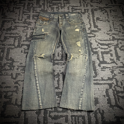 Semantic Design Snake Skin Distressed Flared Jeans