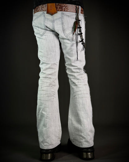 Obelisk 00s Grey-White Distressed Bootcut Denim